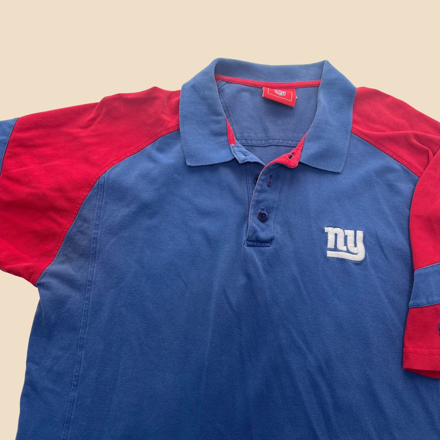 Vintage 1990s NY Giants polo shirt, vintage 1990s short sleeve red and blue NY Giants collared shirt, large men's Giants shirt