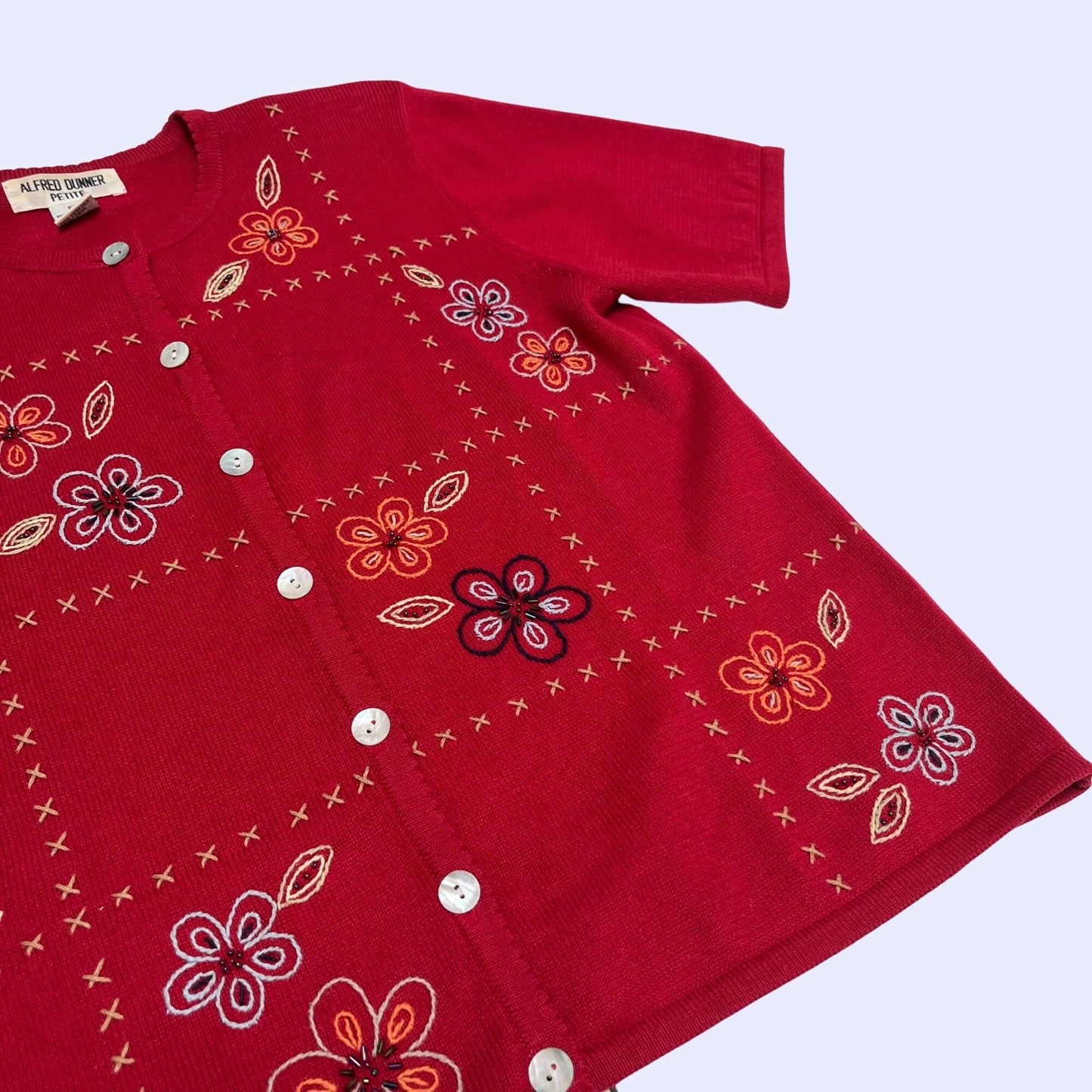 90s floral sweater shirt by Alfred Dunner, red button down sweater shirt with flowers, short sleeve women's sweater blouse