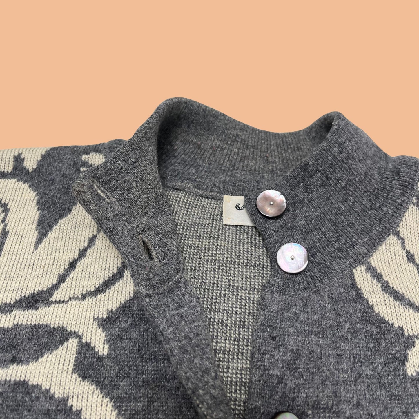 Vintage 80s button down sweater by Jaeger, grey and white floral patterned sweater, cardigan styled sweater