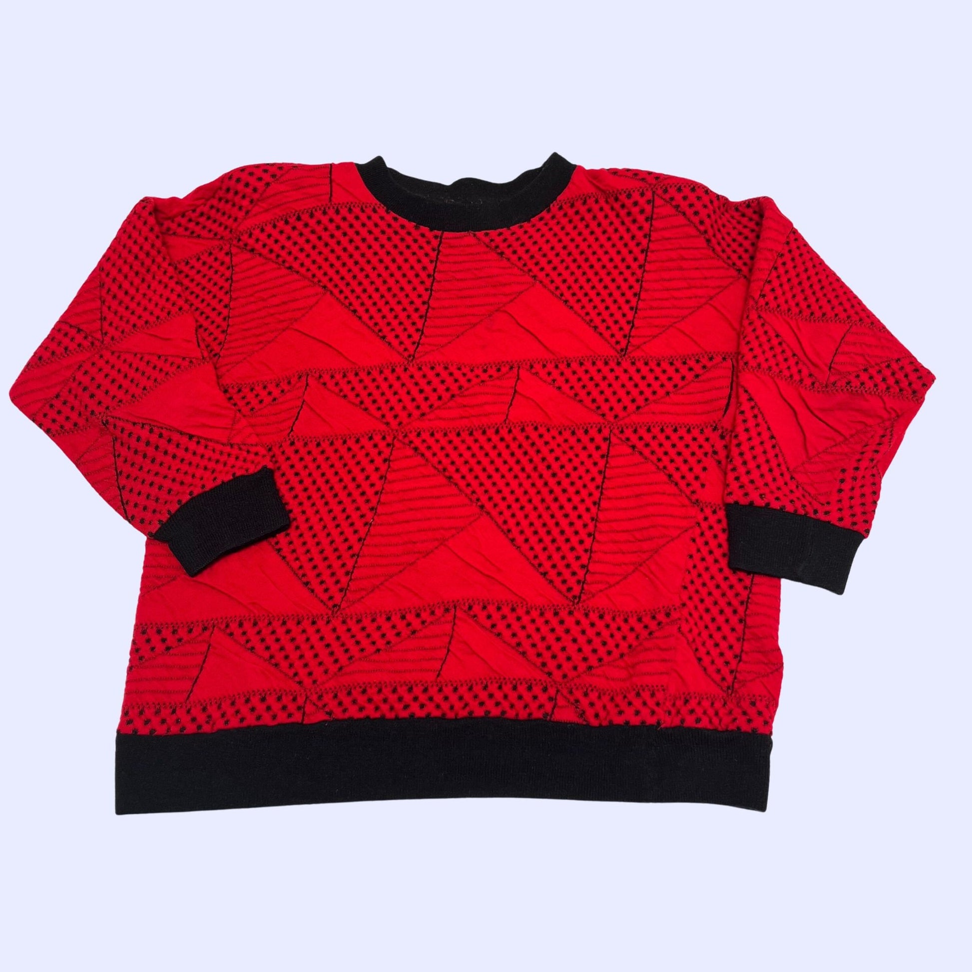 Vintage 80s acrylic sweater, small triangular patterned geometric red and black sweater, retro 80s pullover crew sweater