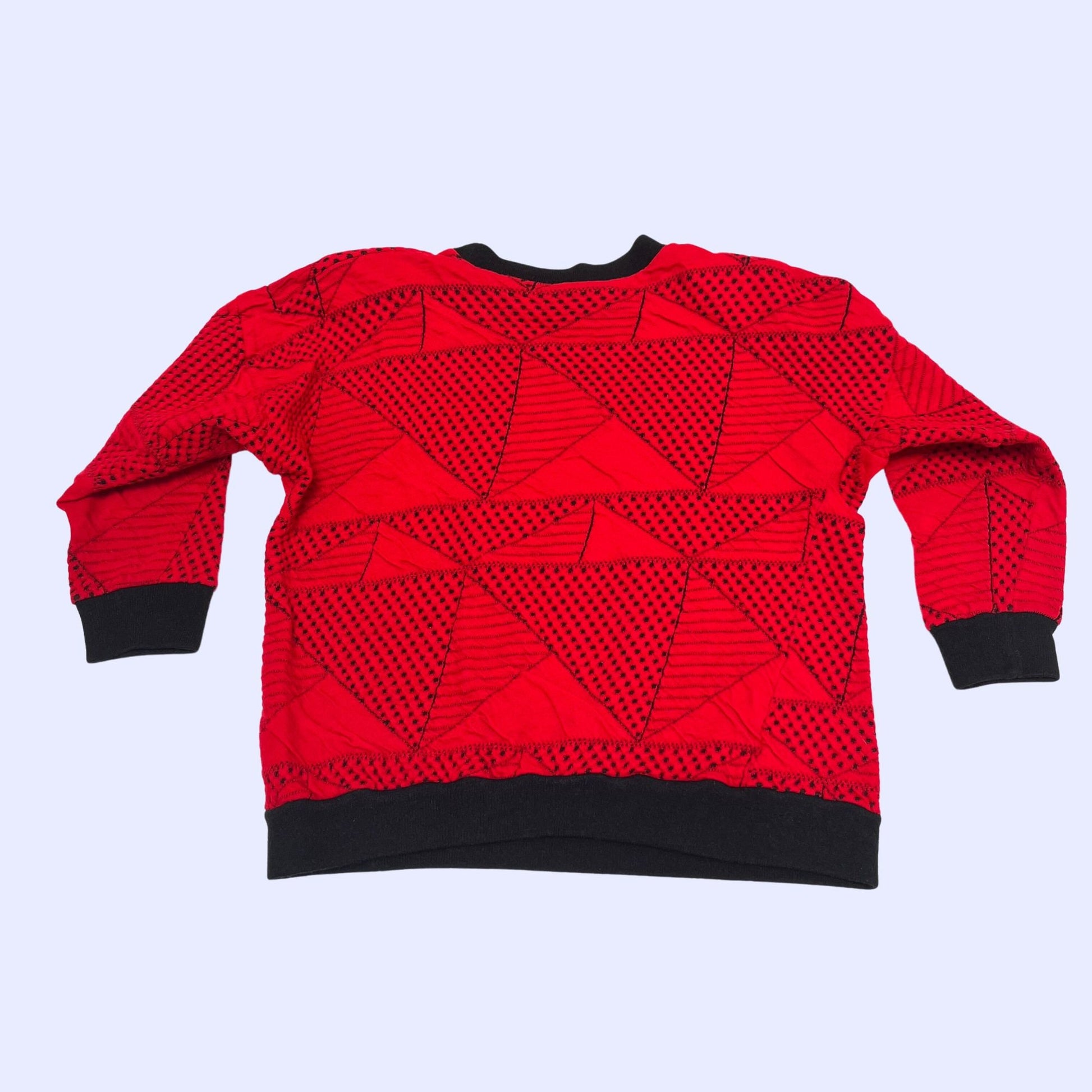 Vintage 80s acrylic sweater, small triangular patterned geometric red and black sweater, retro 80s pullover crew sweater