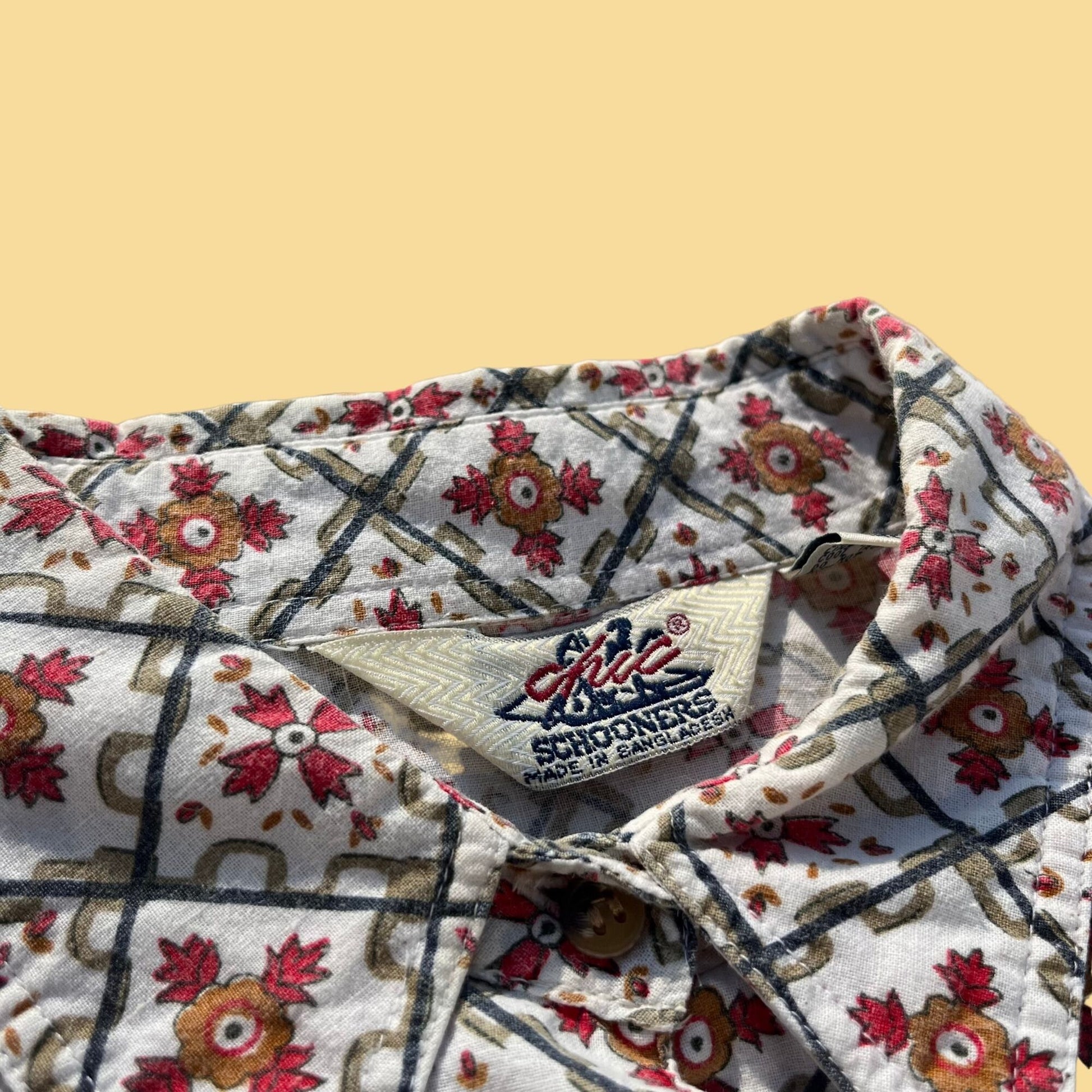 80s floral button down white shirt by Chic Schooners, vintage women's size 14 geometric collared long sleeve shirt, vintage abstract shirt