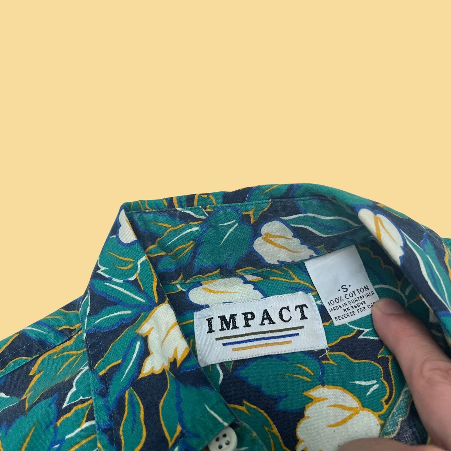 Vintage 1990s teal floral button down shirt by Impact, men's blue button down floral shirt, vintage 1990s oxford short sleeve shirt