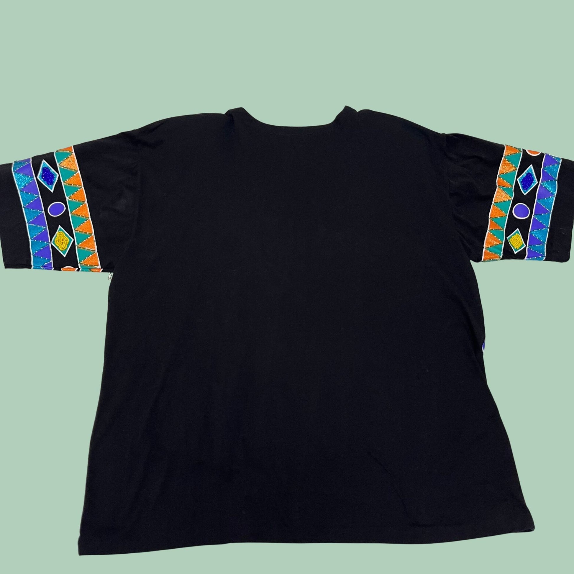 80s medium funky women's beaded t shirt by Christine Gerald, vintage v neck geometric patterned shirt, abstract 1980s women's shirt