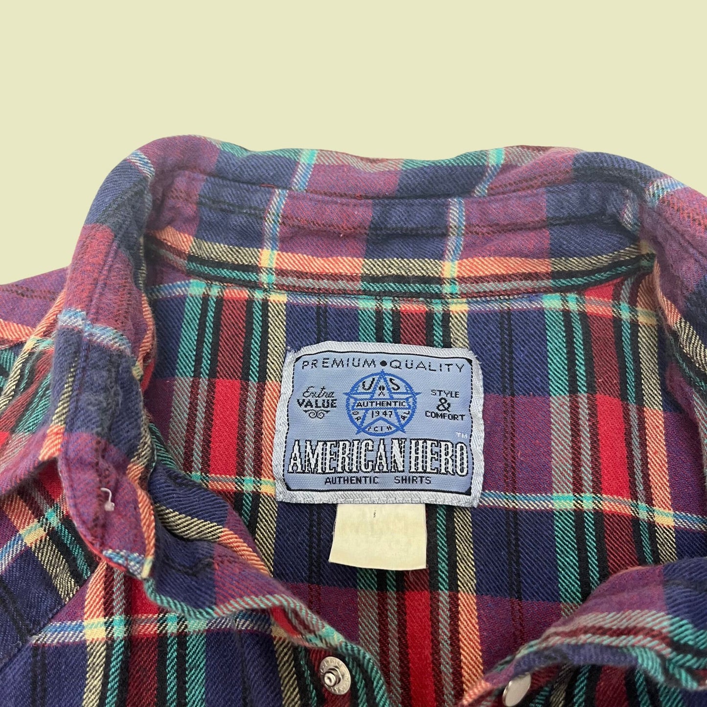 Vintage flannel shirt by American Hero, large men's purple blue and red button down plaid men's shirt, 80s pearl snap flannel shirt