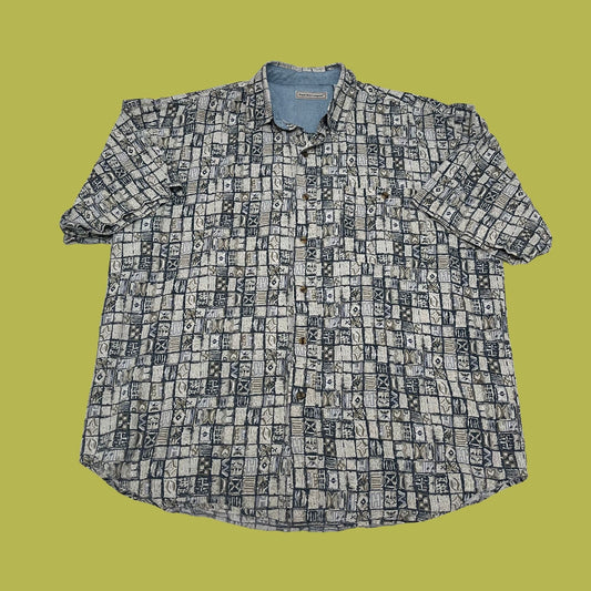 1990s geometric shirt by Bugle Boy, XL beige and blue abstract button down shirt, vintage 90s oxford short sleeve shirt