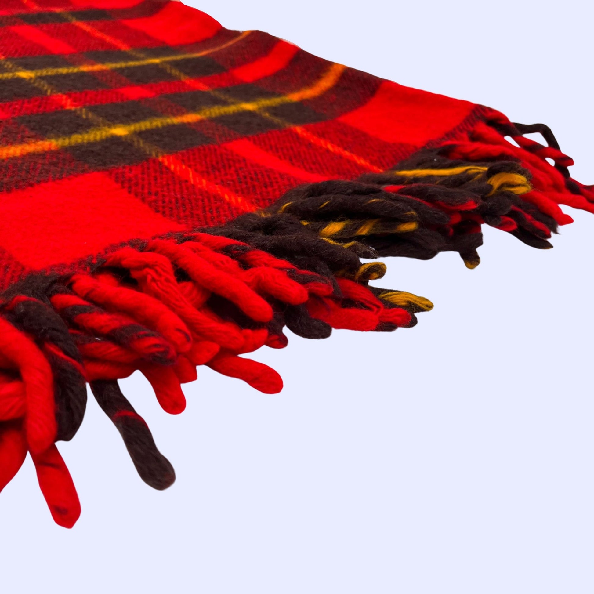 Vintage 60s throw blanket by Faribo, plaid wool blanket with frills, red black and yellow 60s blanket