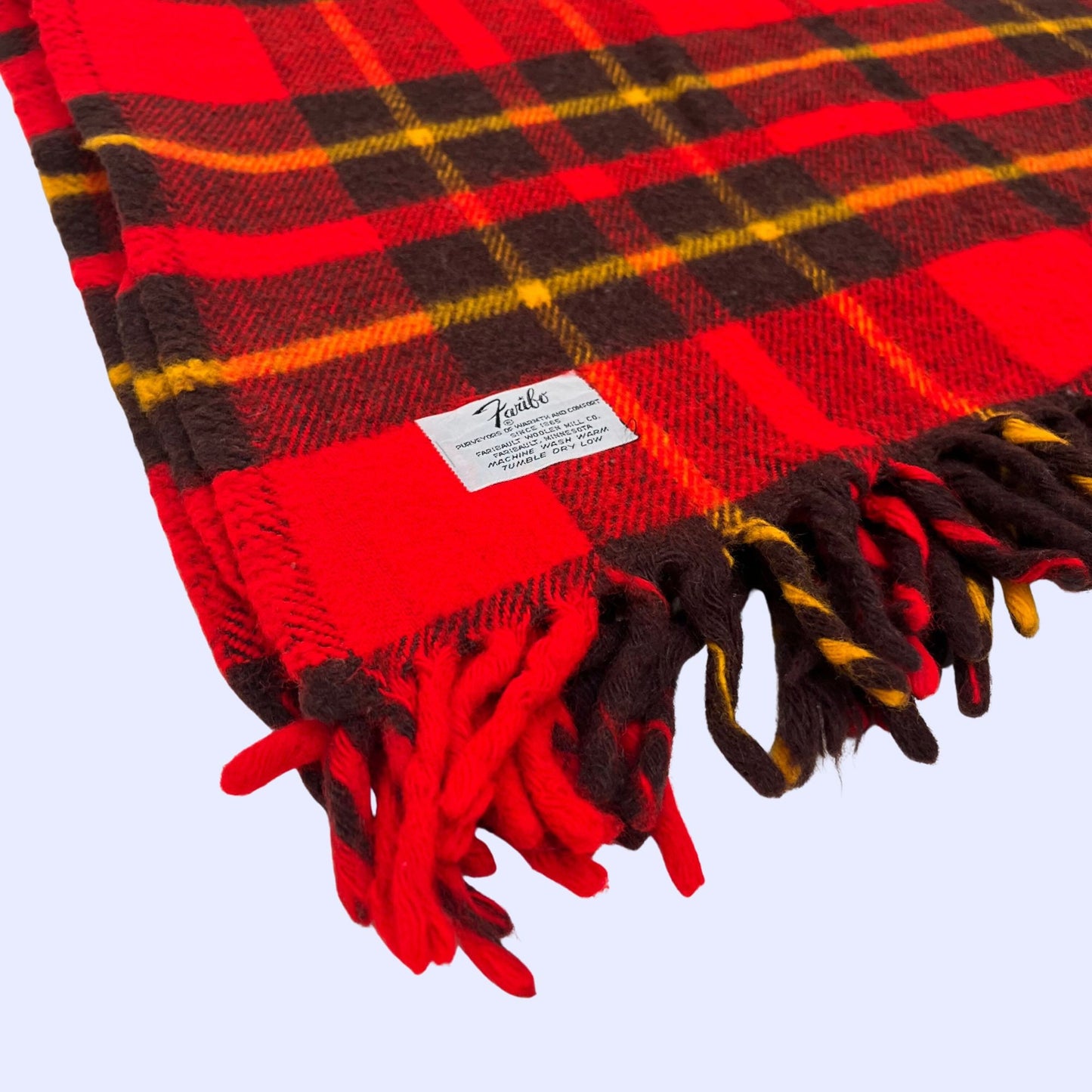 Vintage 60s throw blanket by Faribo, plaid wool blanket with frills, red black and yellow 60s blanket