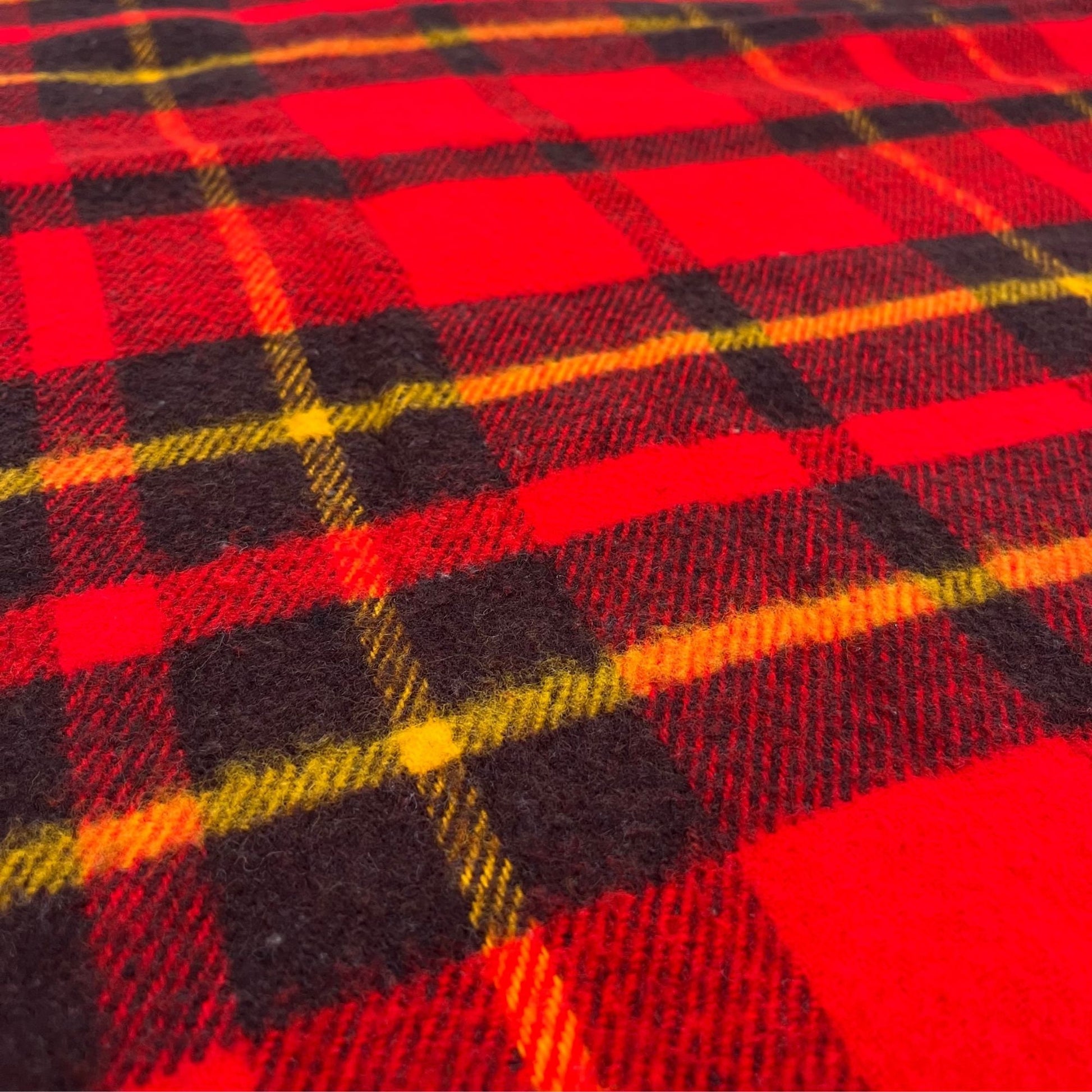 Vintage 60s throw blanket by Faribo, plaid wool blanket with frills, red black and yellow 60s blanket