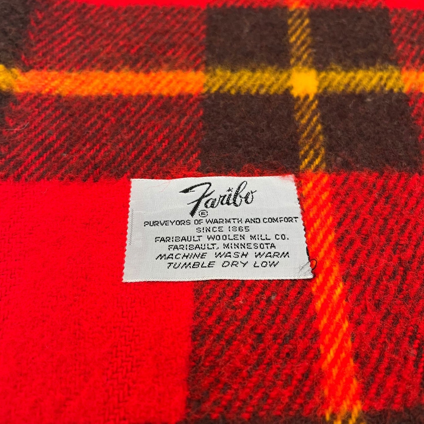 Vintage 60s throw blanket by Faribo, plaid wool blanket with frills, red black and yellow 60s blanket