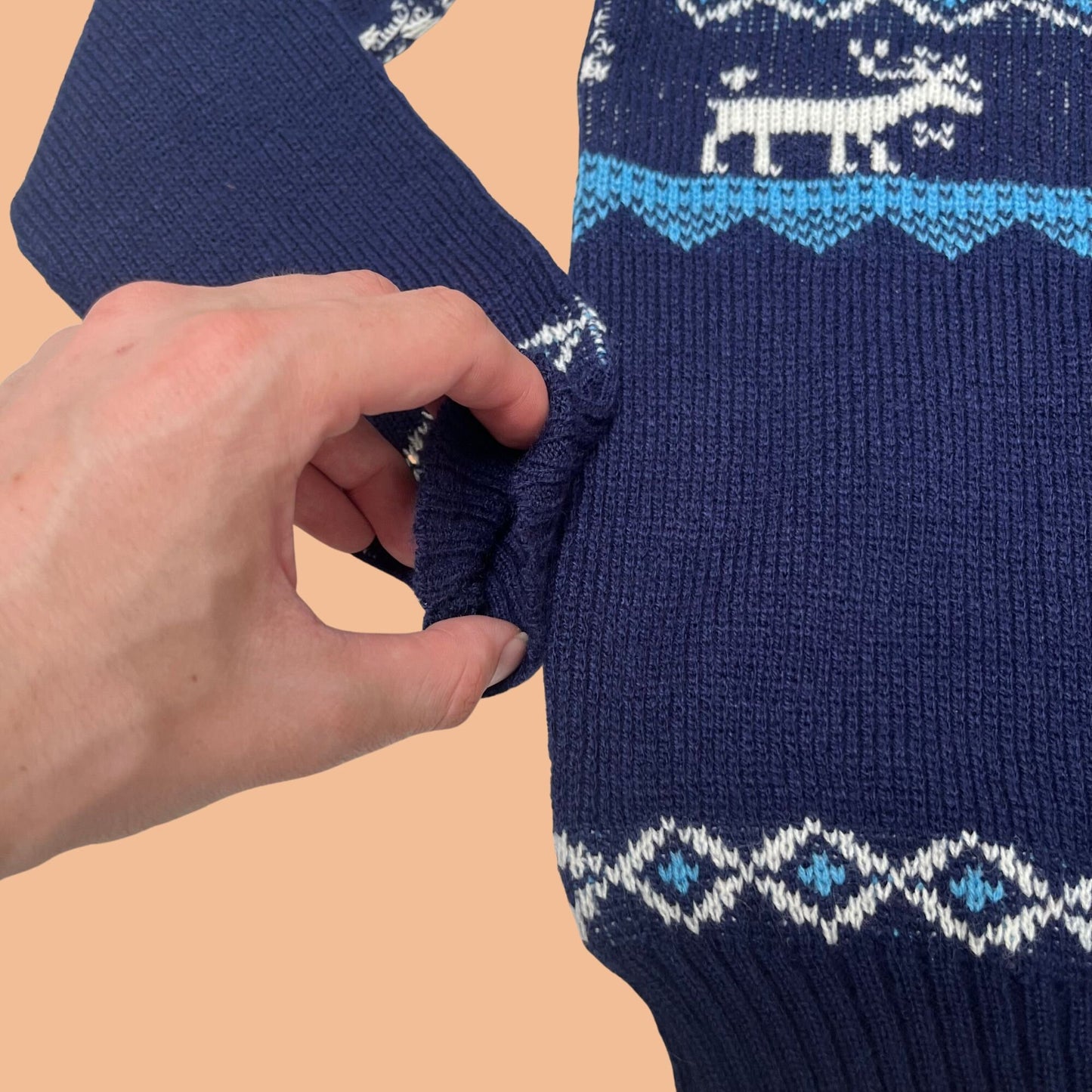 70s European children's sweater, geometric patterned sweater with reindeer patterns, Colin St. Marx kids sweater, small Christmas sweater