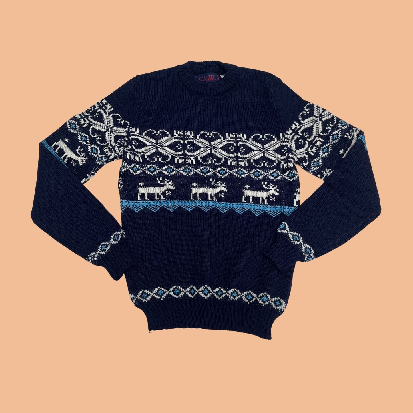 70s European children's sweater, geometric patterned sweater with reindeer patterns, Colin St. Marx kids sweater, small Christmas sweater