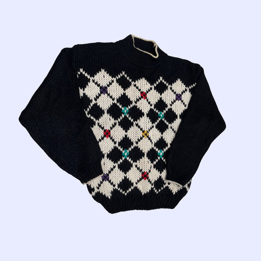 Vintage 70s hand knit sweater by J.J. Fargo, large diamond patterned geometric white and black sweater, pullover turtle neck sweater