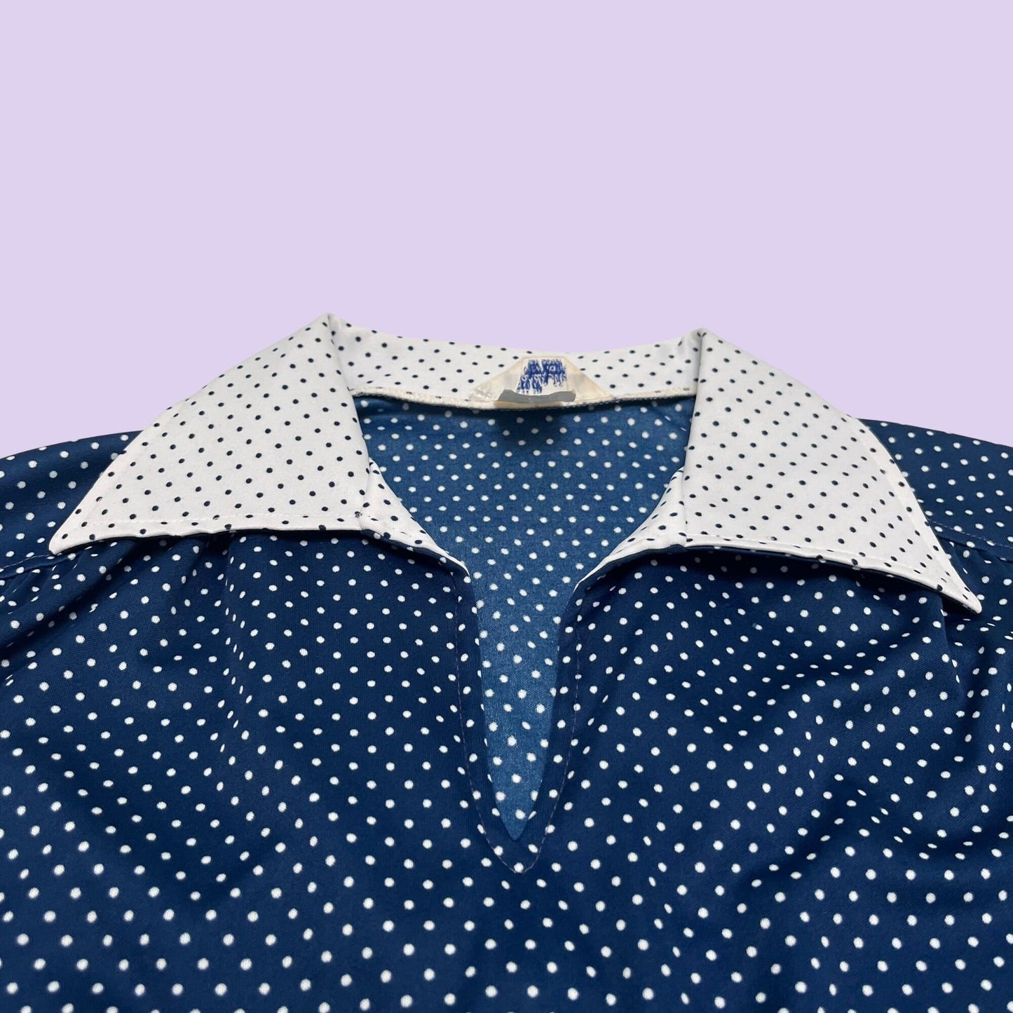 70s polka dot collared shirt by Mardi Modes, vintage blue and white polka dot short sleeve women's shirt, 1970s short sleeve collared blouse