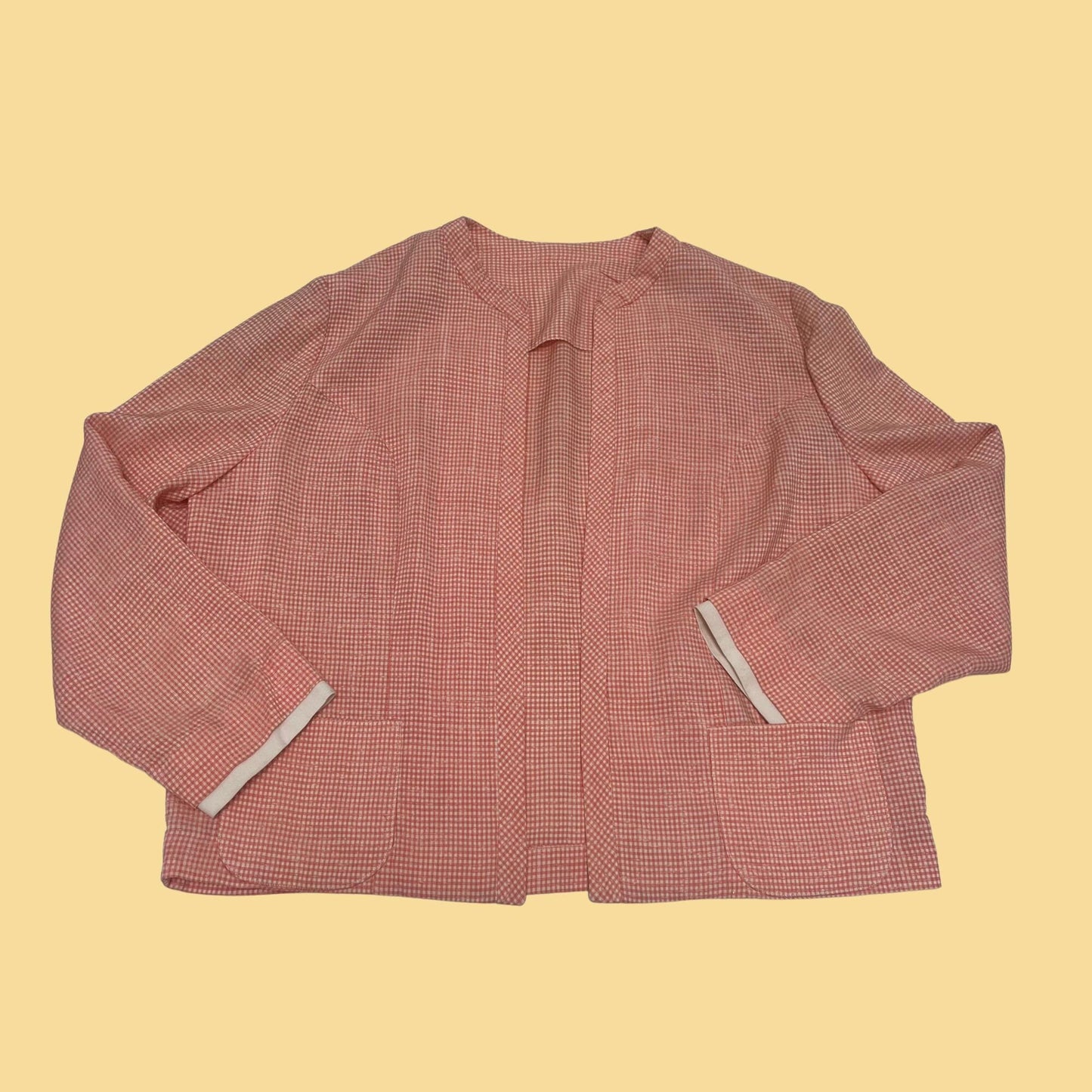 50s David Crystal Fashion pink and white jacket, vintage mod open jacket with front pockets, 1950s women's open front blazer
