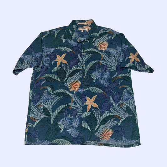 Vintage XL men's 90s button down by Campia Moda, leaf patterned men's hawaiian short sleeve shirt, 1990s blue and green men's top