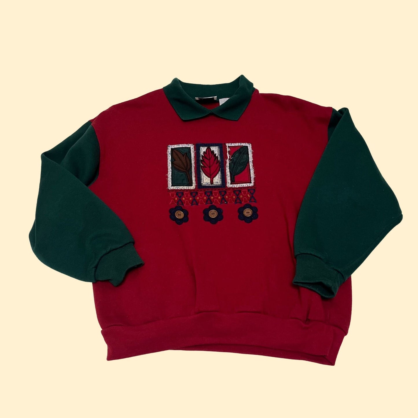 90s small patchwork floral and leaf patterned grandma sweatshirt, collared pullover shirt with red and green colorblock