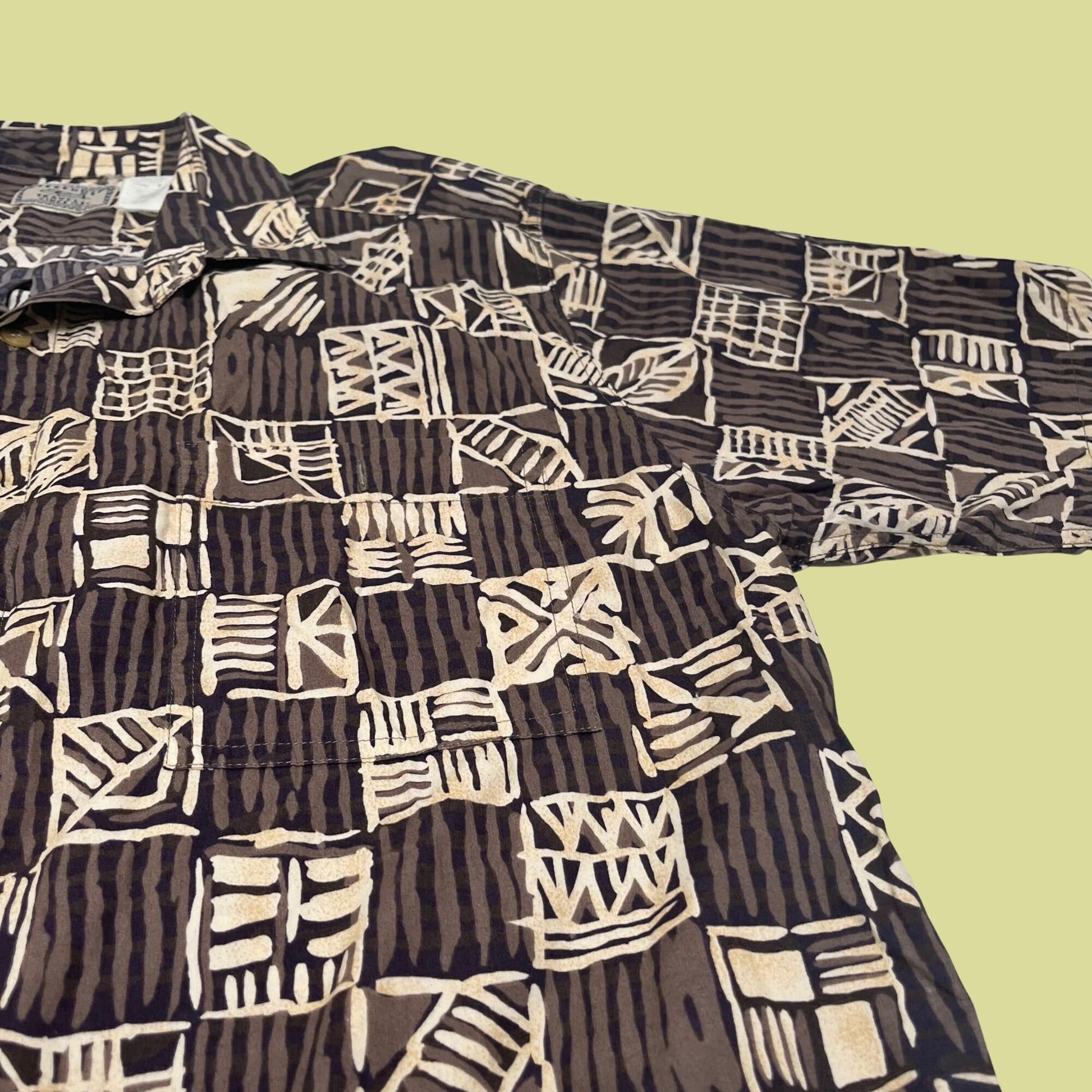 80s Hawaiian shirt with abstract leaf patterns, vintage geometric brown and blue men's button down, short sleeve patterned men's shirt