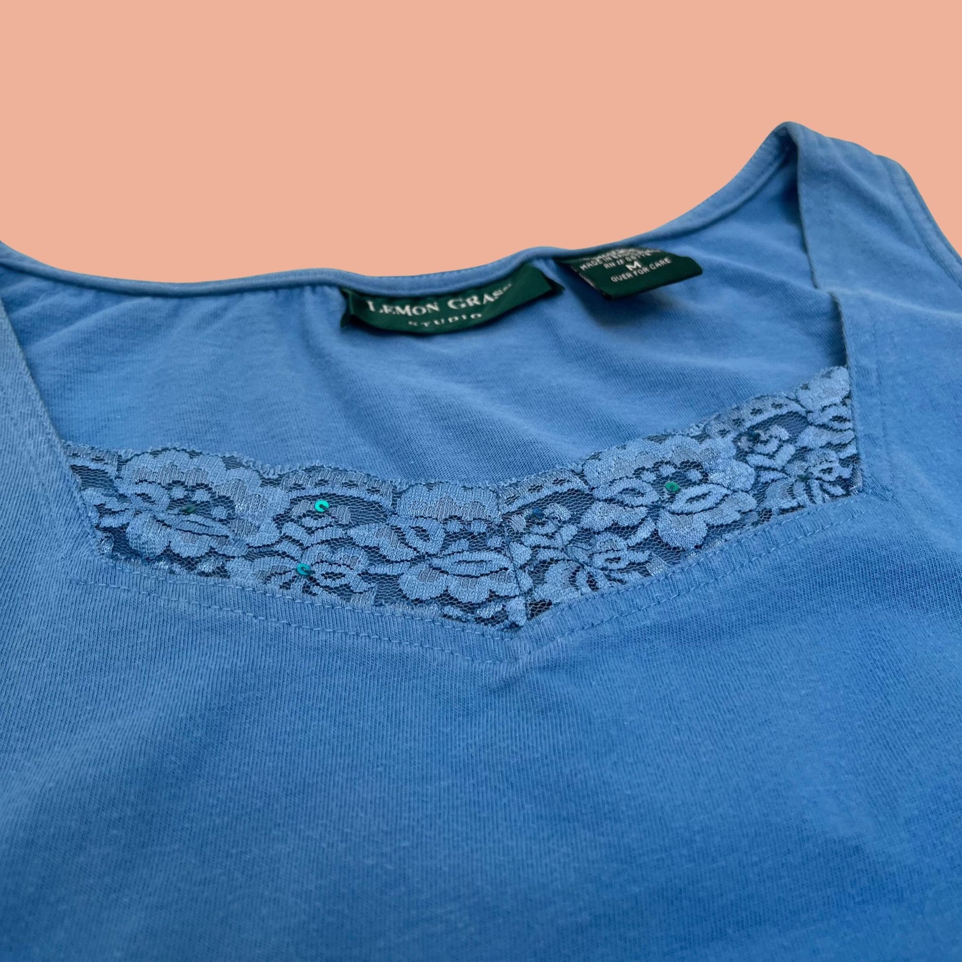 90s women's blue tank top with lace and sequins, vintage t shirt by Lemon Grass Studio, medium 1990s women's short sleeve shirt