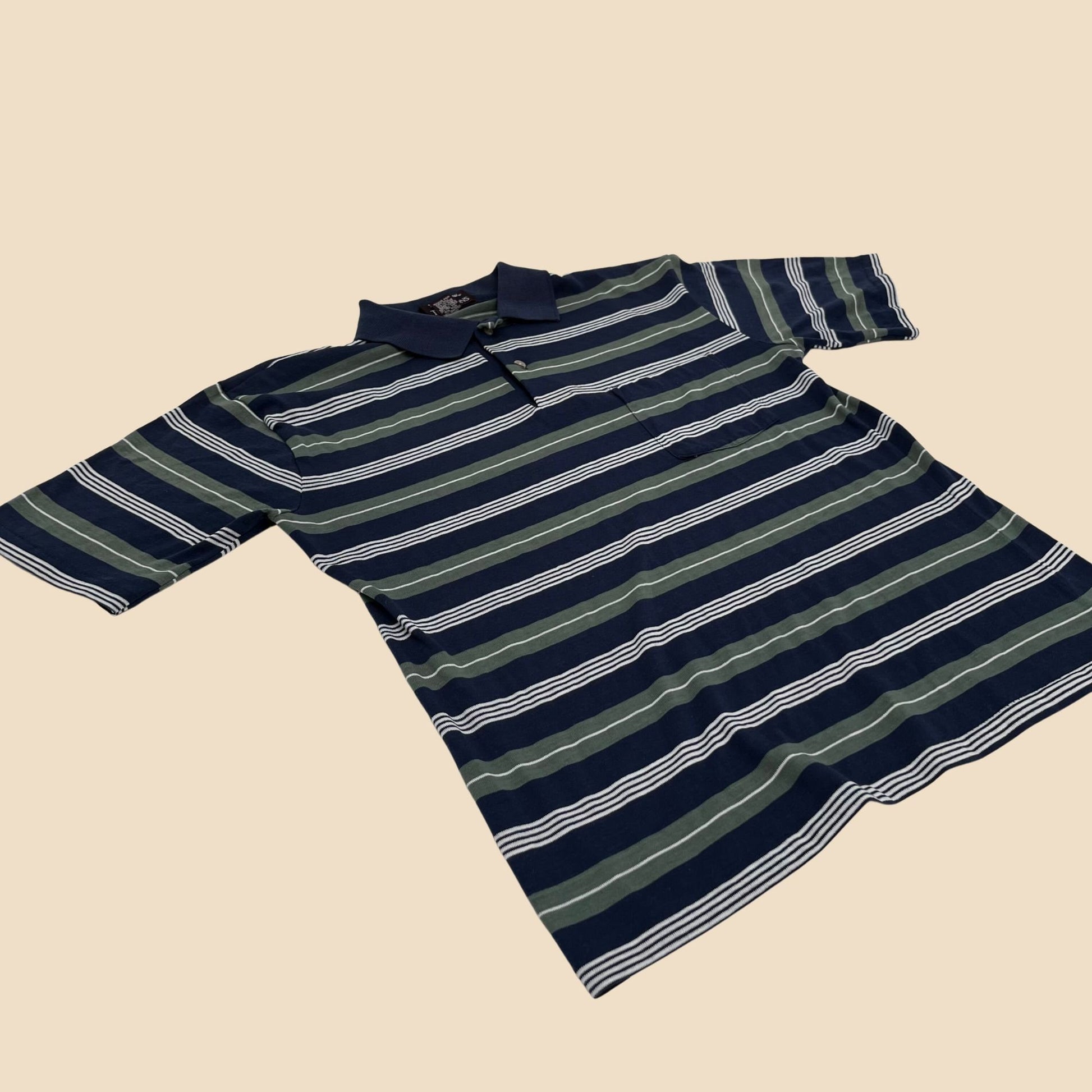 Vintage 90s medium polo shirt by Savile Row Traditions, striped men's golf polo in green blue and white, 1990s striped men's short sleeve