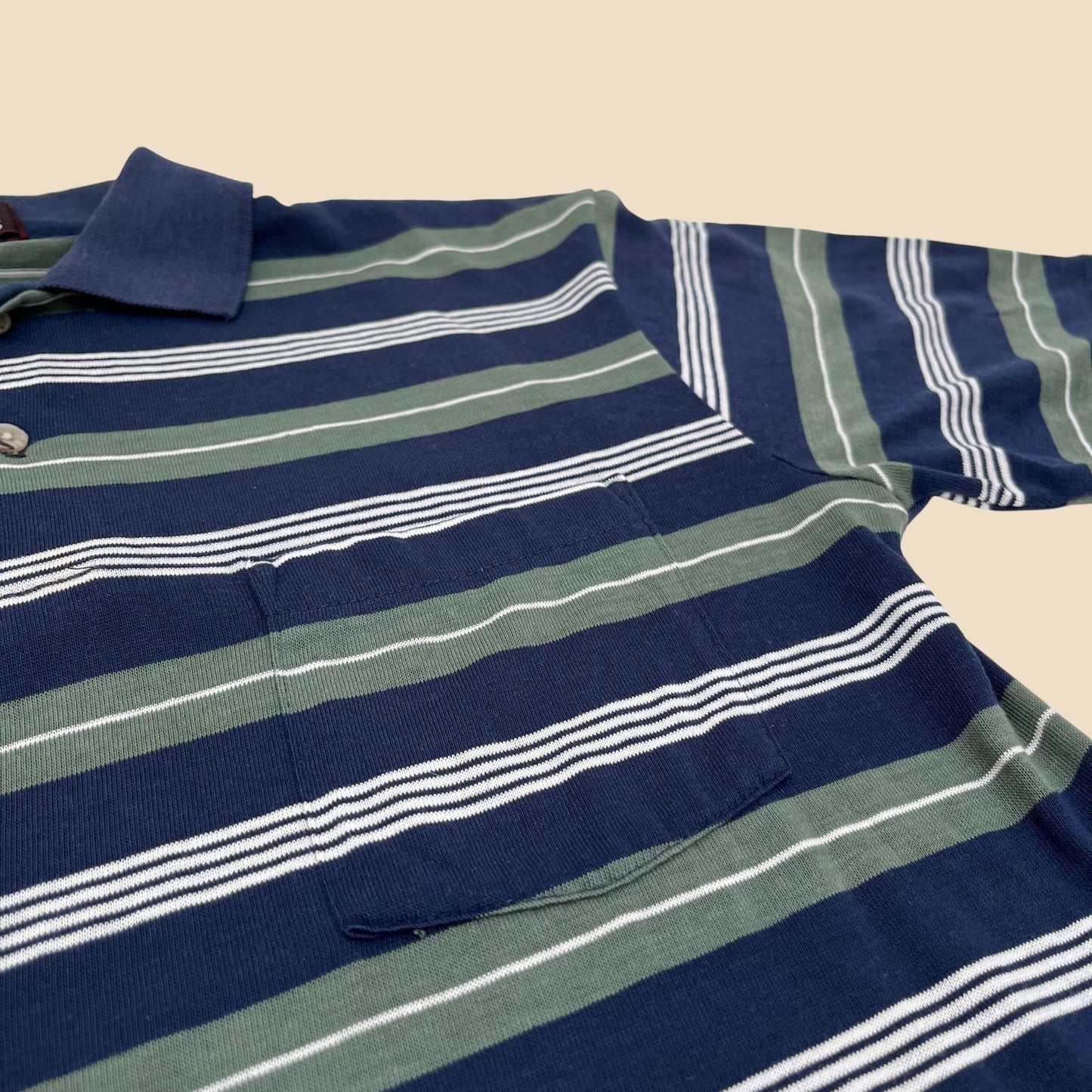 Vintage 90s medium polo shirt by Savile Row Traditions, striped men's golf polo in green blue and white, 1990s striped men's short sleeve