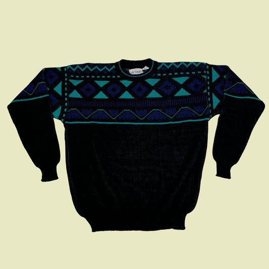 80s Le Tigre large geometric sweater, vintage black teal and blue patterned sweater, abstract 1980s sweater with diamond pattern