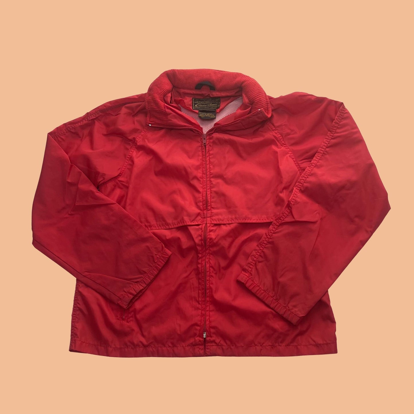 1980s small red Eddie Bauer windbreaker with with retractable hood, vintage zip up light weight jacket, 80s windbreaker