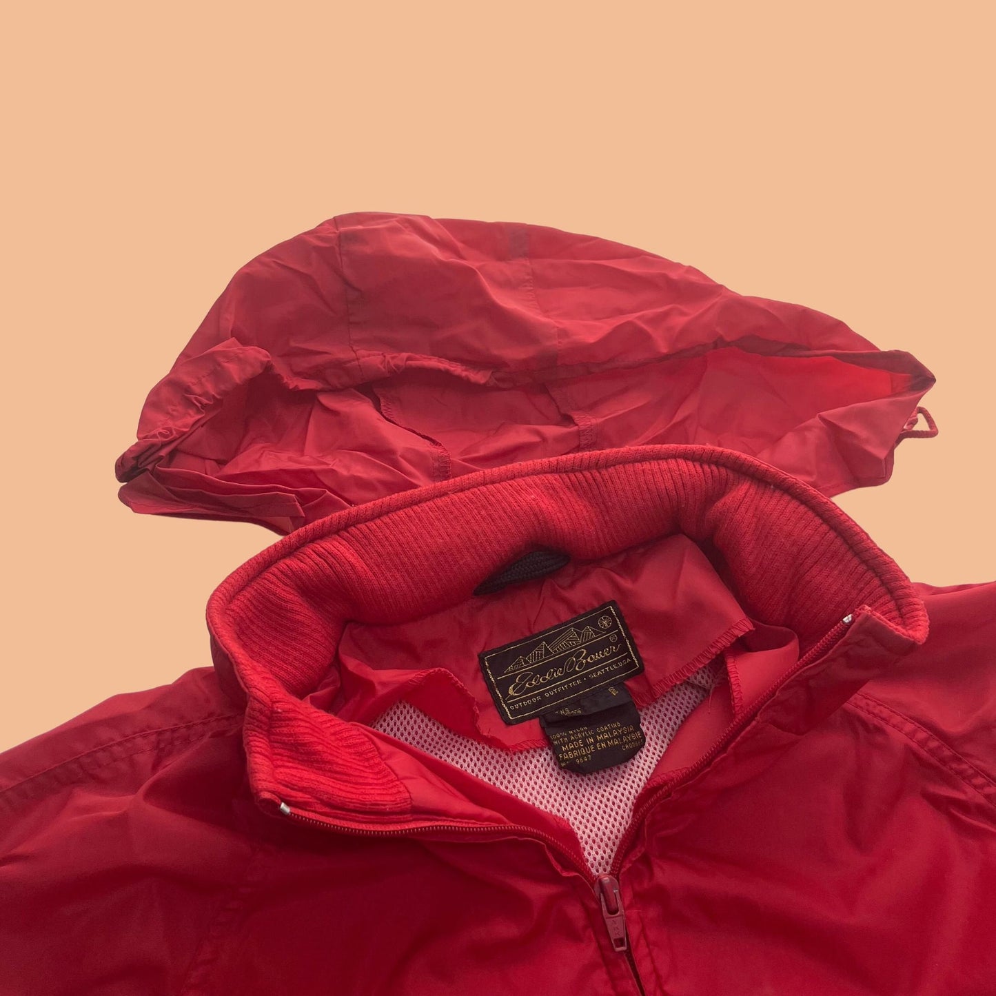 1980s small red Eddie Bauer windbreaker with with retractable hood, vintage zip up light weight jacket, 80s windbreaker