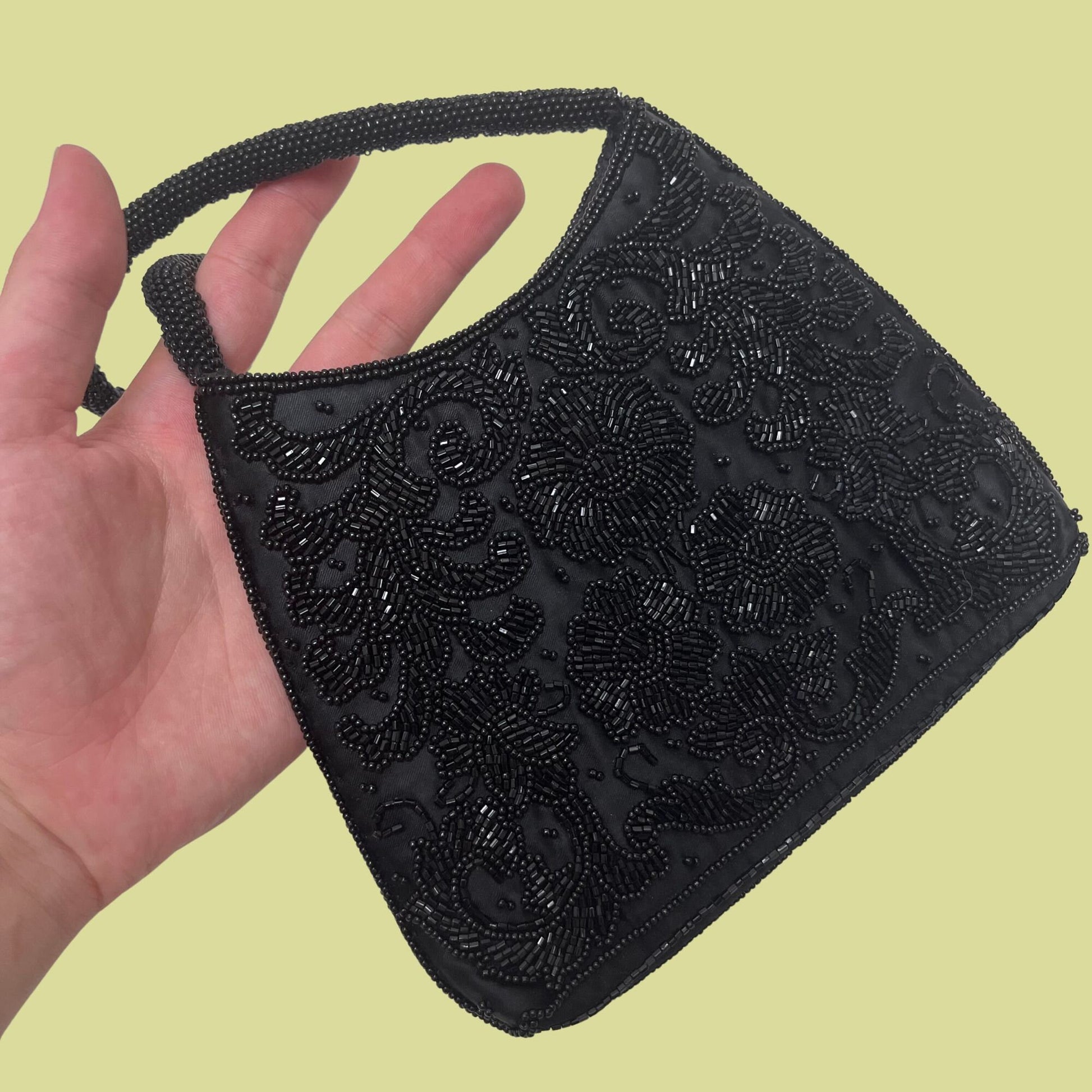 80s black beaded floral handbag, vintage 1980s evening bag with flower designs, small vintage black purse