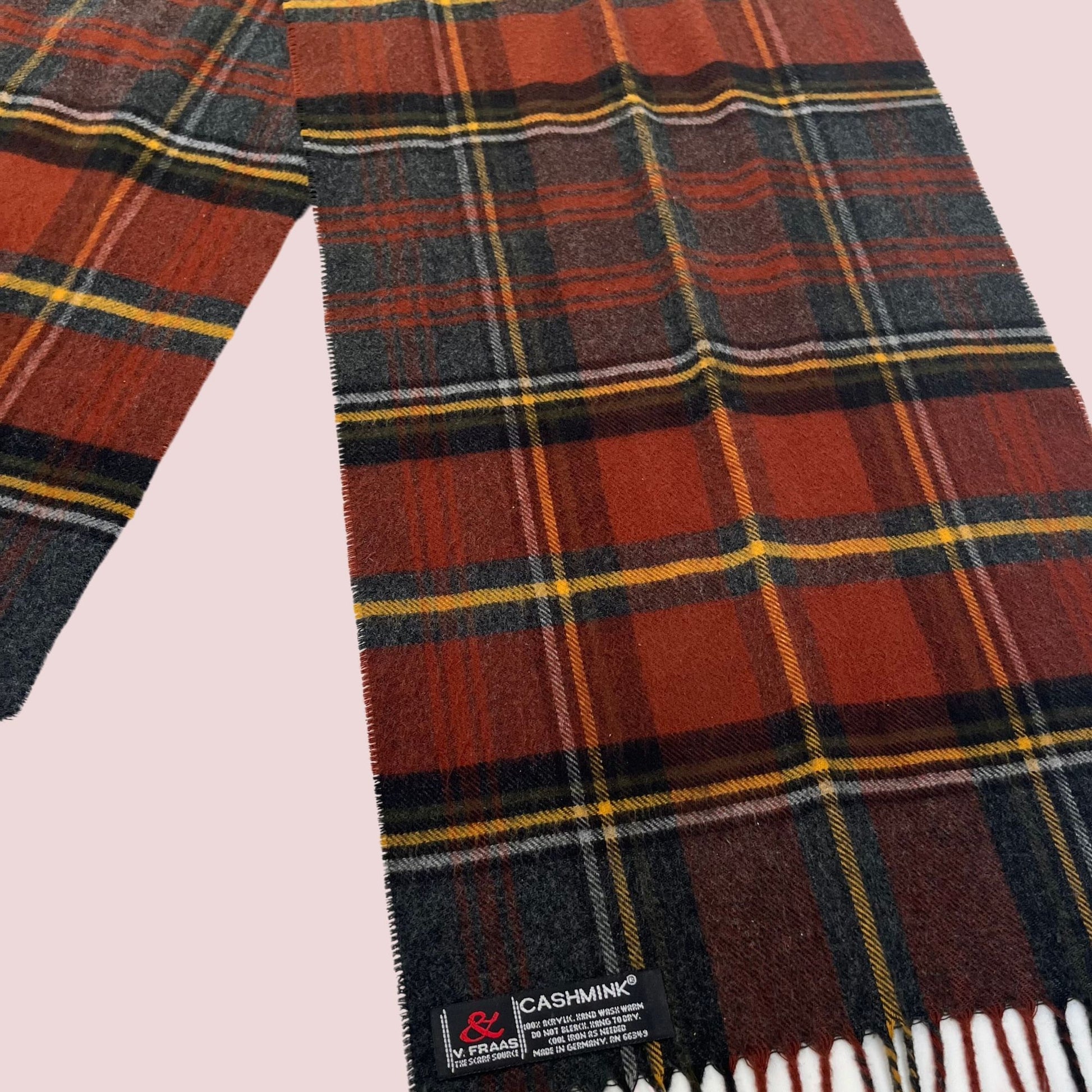 80s V. Fraas plaid scarf, orange brown and yellow vintage acrylic scarf, 1980s tartan scarf with frill, dark colored retro men's scarf