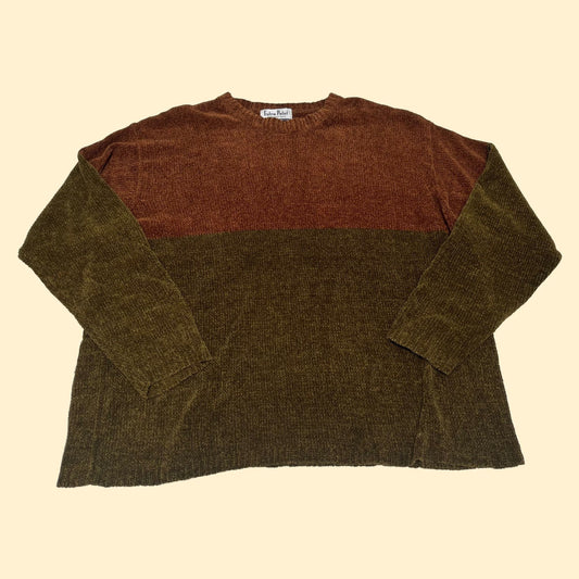 90s silk sweater in olive green and brown , 3X vintage color block olive green sweater, vintage 90s quiet luxury sweater