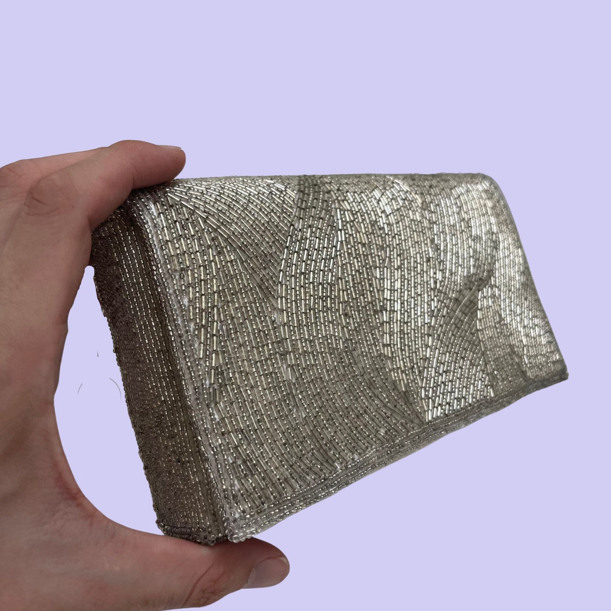 1980s Walborg metallic silver beaded evening bag, vintage 1980s beaded shoulder bag, 80s abstract geometric patterned clutch purse