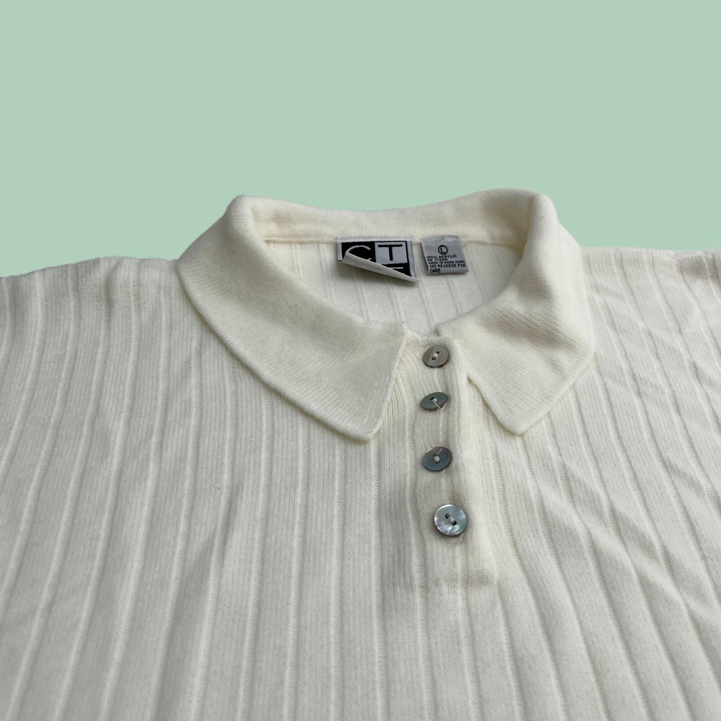 80s large knit men's off white shirt by CTME, vintage men's quarter button down long sleeve with collar, 1980s polo with ribbed stripes