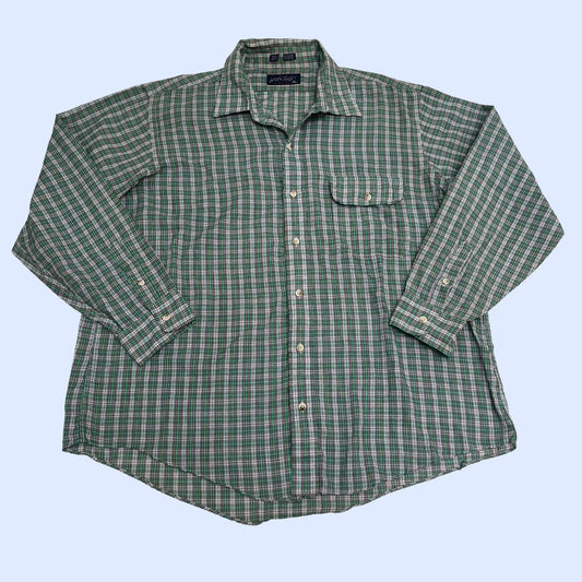 Vintage 70s XL plaid button down by Lord & Taylor, 1970s men's green red and white patterned button down, men's XL plaid shirt