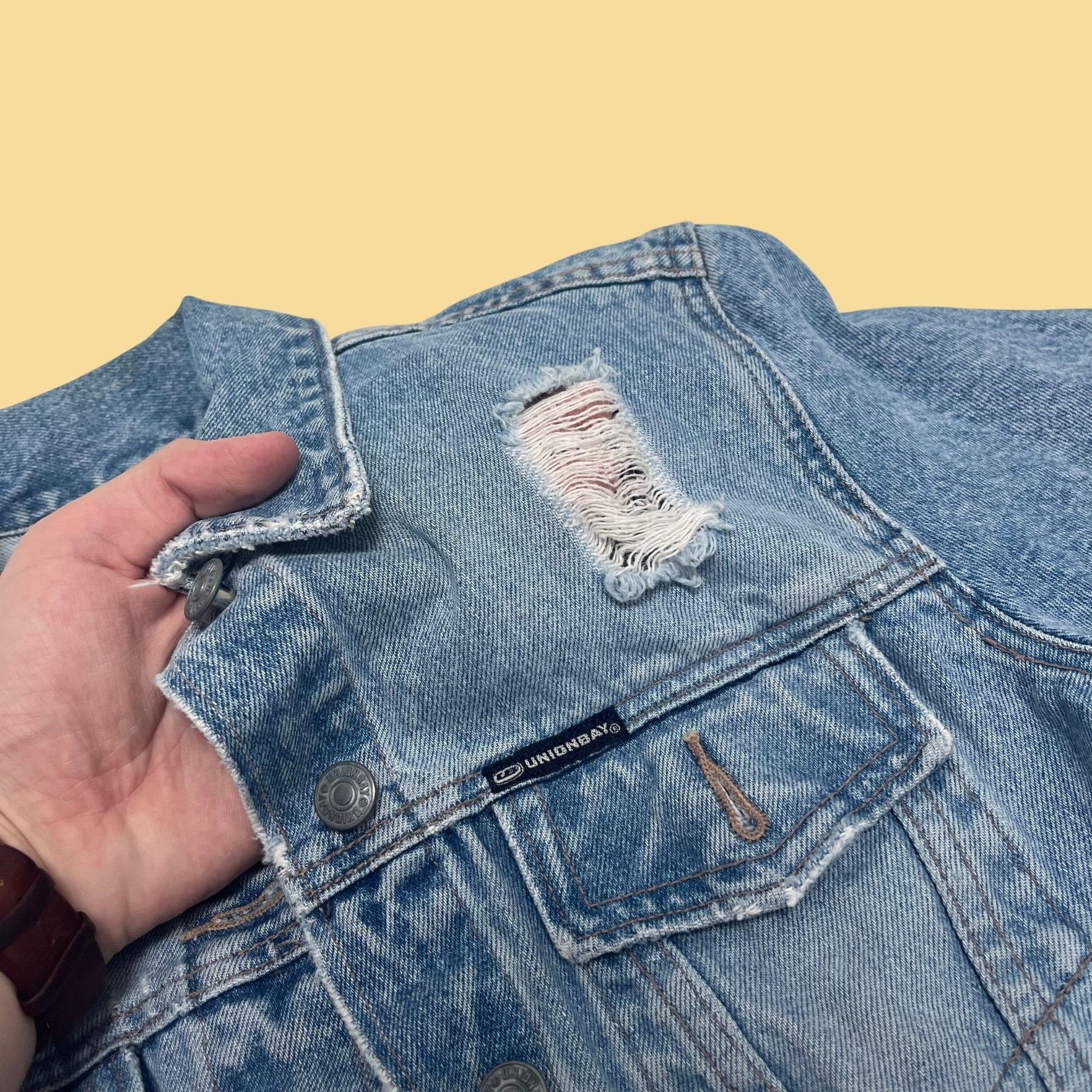 90s medium denim jacket by Union Bay, vintage jean jacket with front pockets, 1990s faded and ripped denim jacket