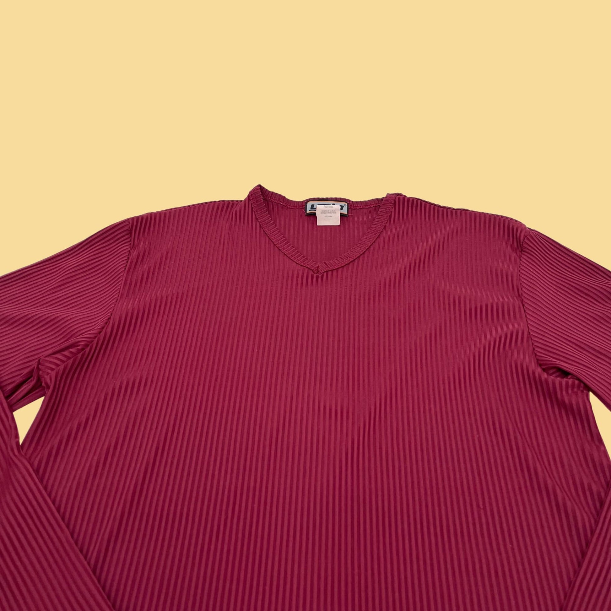 Vintage 80s ribbed long sleeve shirt with v-neck collar, long sleeve men's maroon shirt, stretchy spandex 80s men's t-shirt