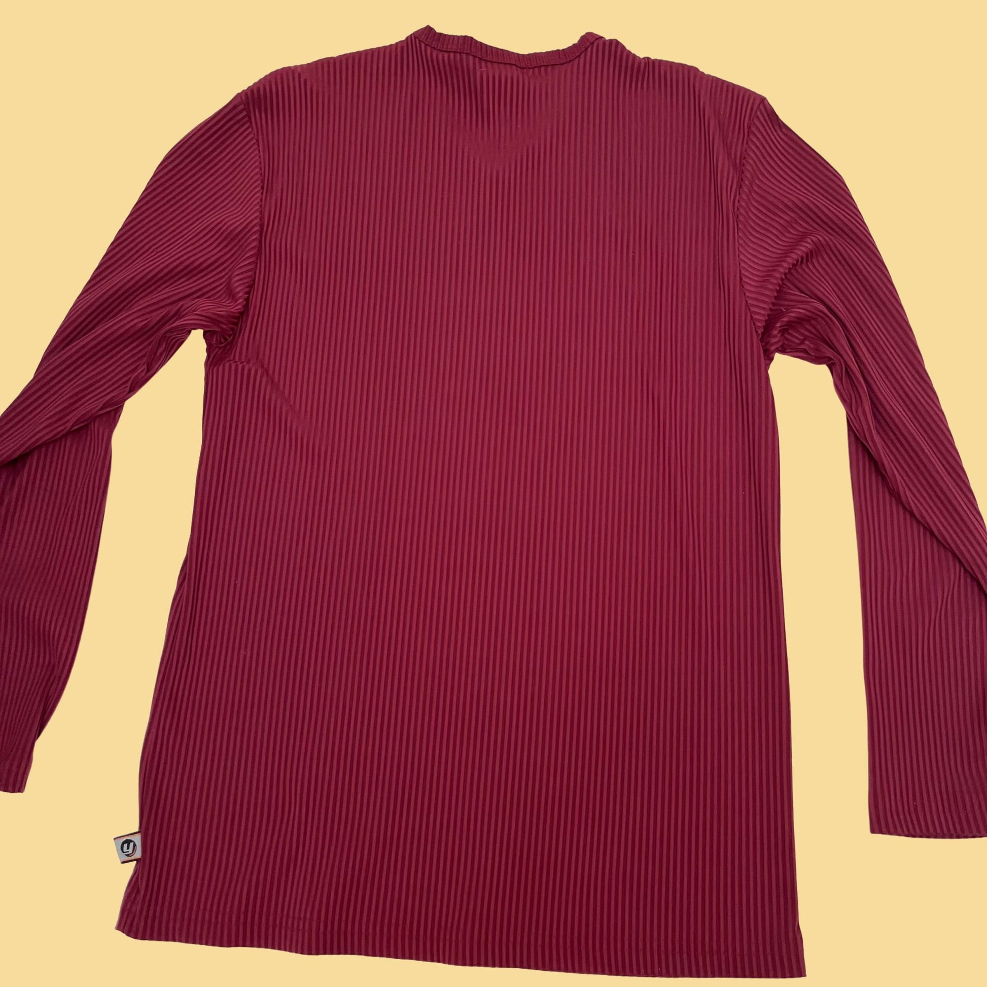 Vintage 80s ribbed long sleeve shirt with v-neck collar, long sleeve men's maroon shirt, stretchy spandex 80s men's t-shirt