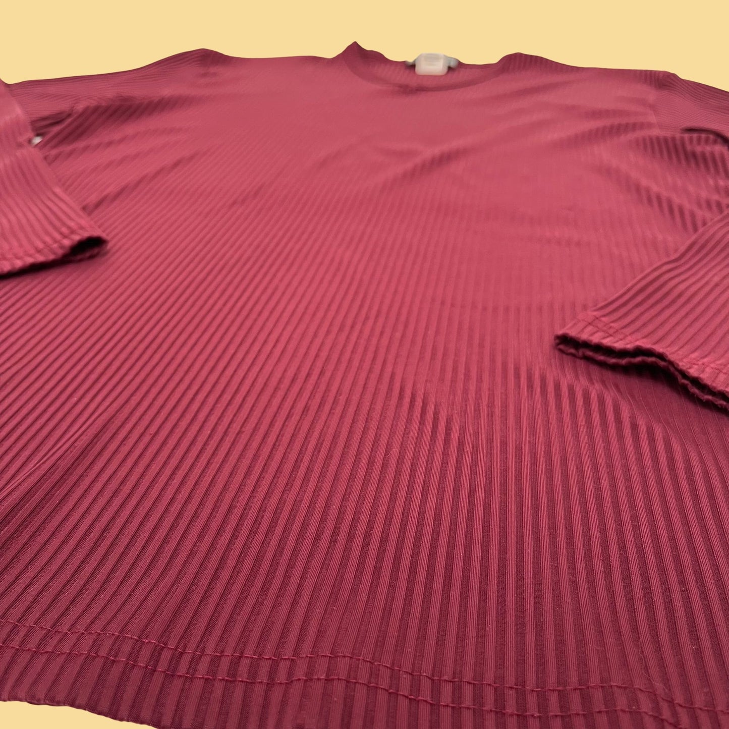 Vintage 80s ribbed long sleeve shirt with v-neck collar, long sleeve men's maroon shirt, stretchy spandex 80s men's t-shirt