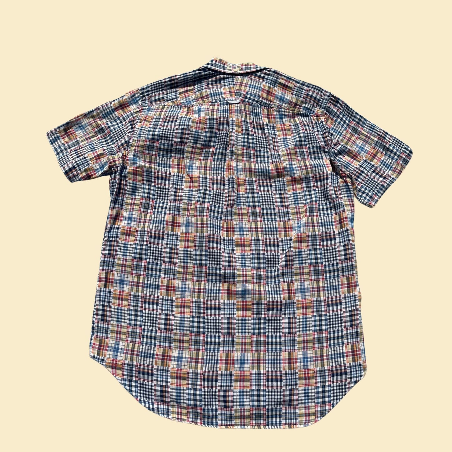 90s seersucker patterned men's shirt by Haspel, vintage men's plaid and checkered shirt, white blue and yellow short sleeve abstract shirt