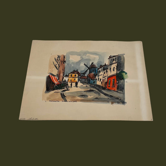 70s signed serigraph Paris print by J.P. Duriez, 'Montmartre, Le moulin de la galette', Paris France buildings watercolor art