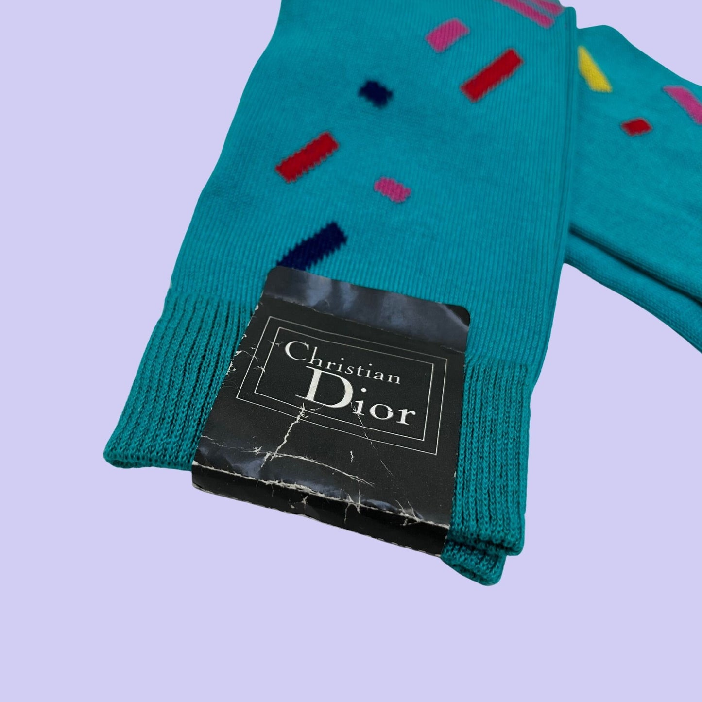 1980s Christian Dior vintage socks with tags, teal geometric funky 80s socks by Dior, luxury men's patterned socks dead stock