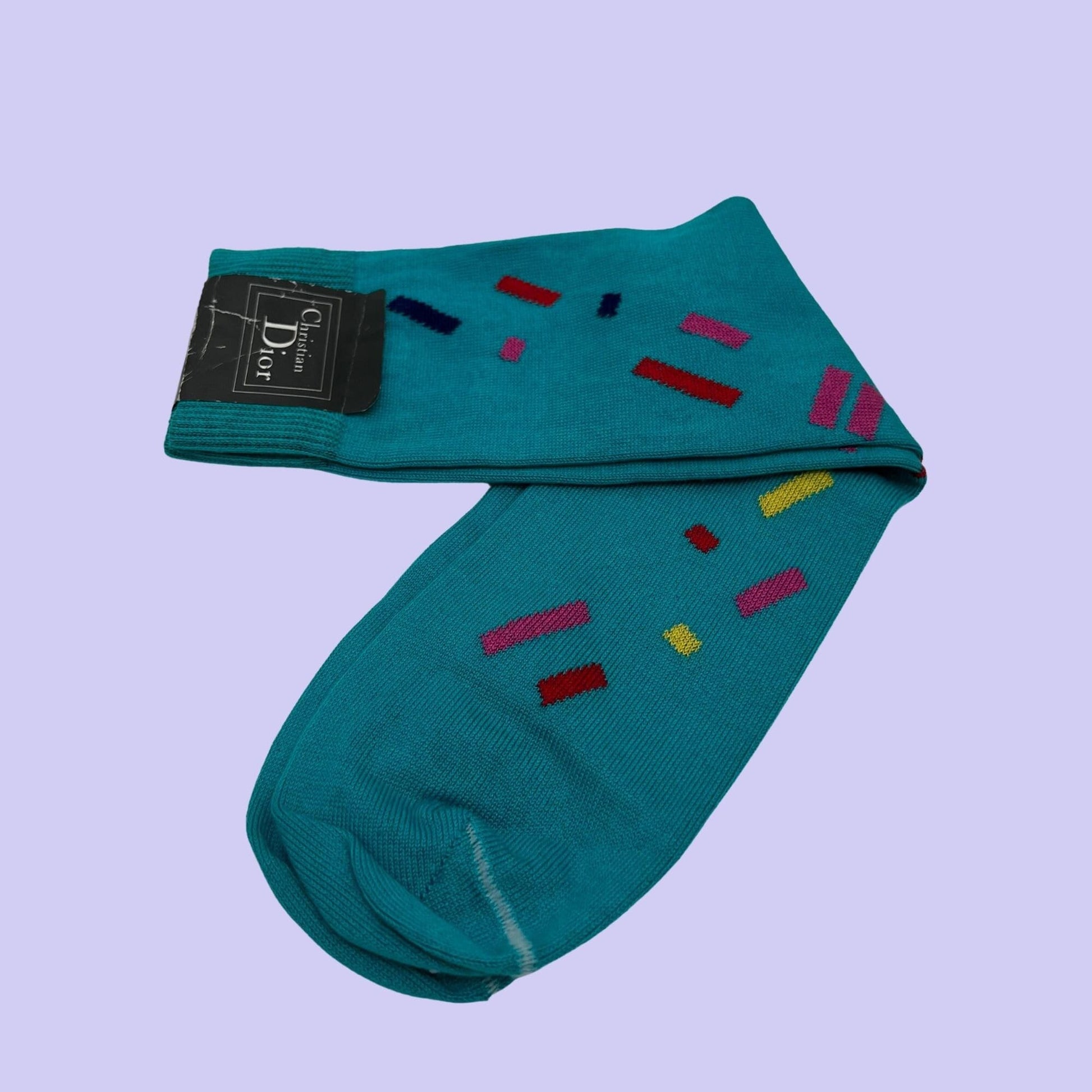 1980s Christian Dior vintage socks with tags, teal geometric funky 80s socks by Dior, luxury men's patterned socks dead stock