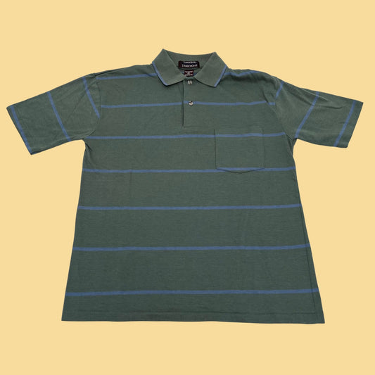 1990s medium vintage polo shirt by Savile Row Traditions, striped men's golf polo in green and white, 90s striped men's short sleeve