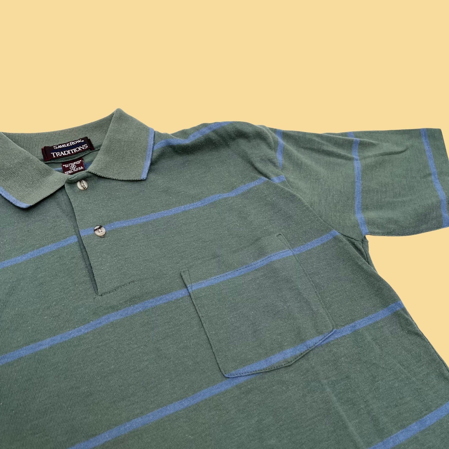 1990s medium vintage polo shirt by Savile Row Traditions, striped men's golf polo in green and white, 90s striped men's short sleeve