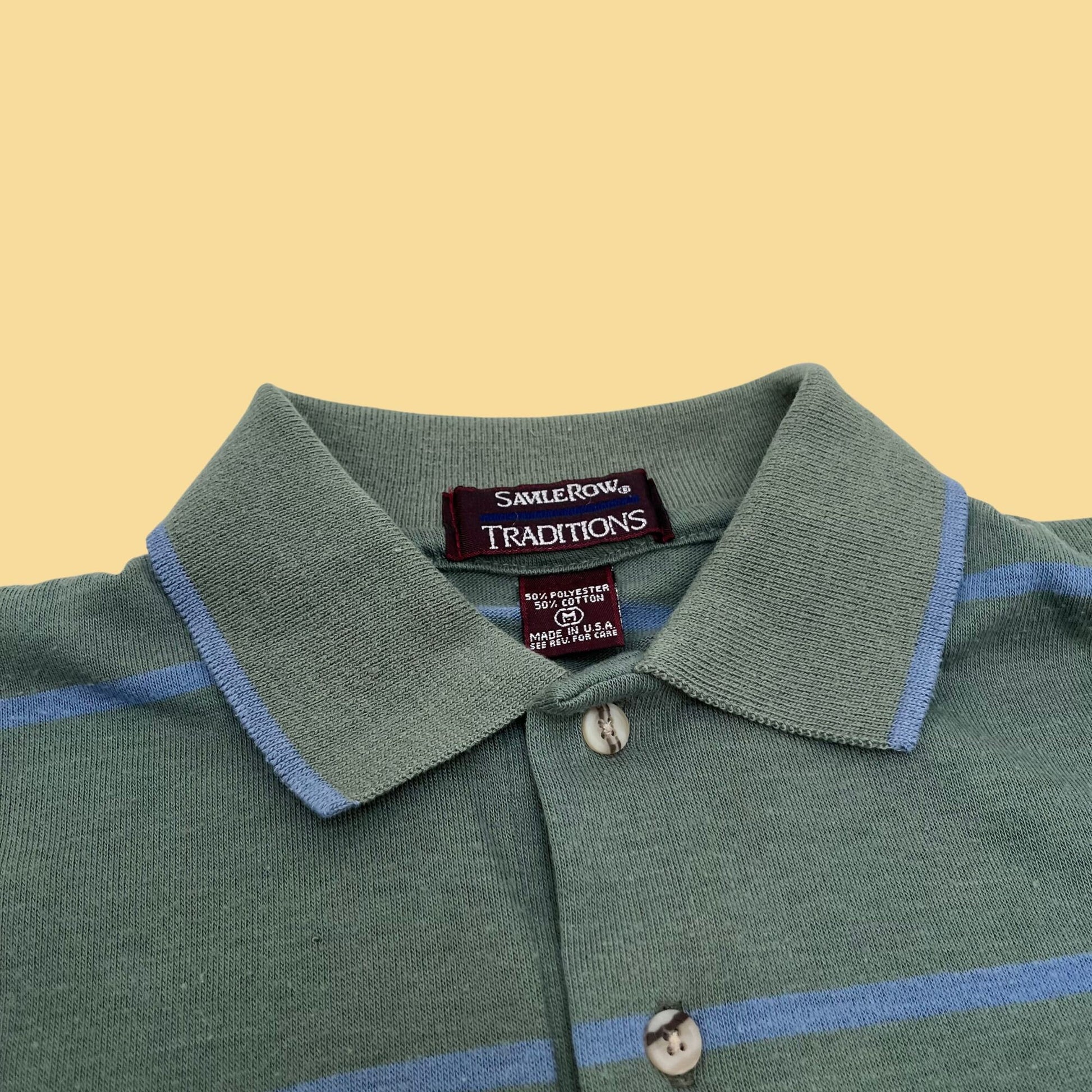 1990s medium vintage polo shirt by Savile Row Traditions, striped men's golf polo in green and white, 90s striped men's short sleeve