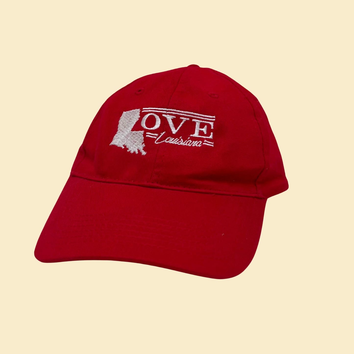 90s Love Louisiana baseball cap, vintage red and white Louisiana snapback, 1990s adjustable trucker hat