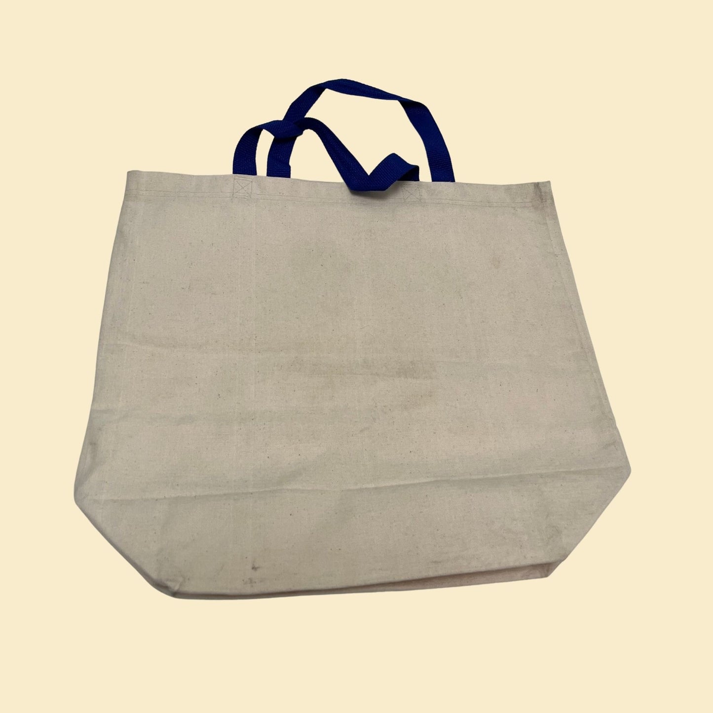 90s canvas tote bag with dolphin graphics & corporate logo, vintage tote bag in blue and beige, 1995 canvas bag