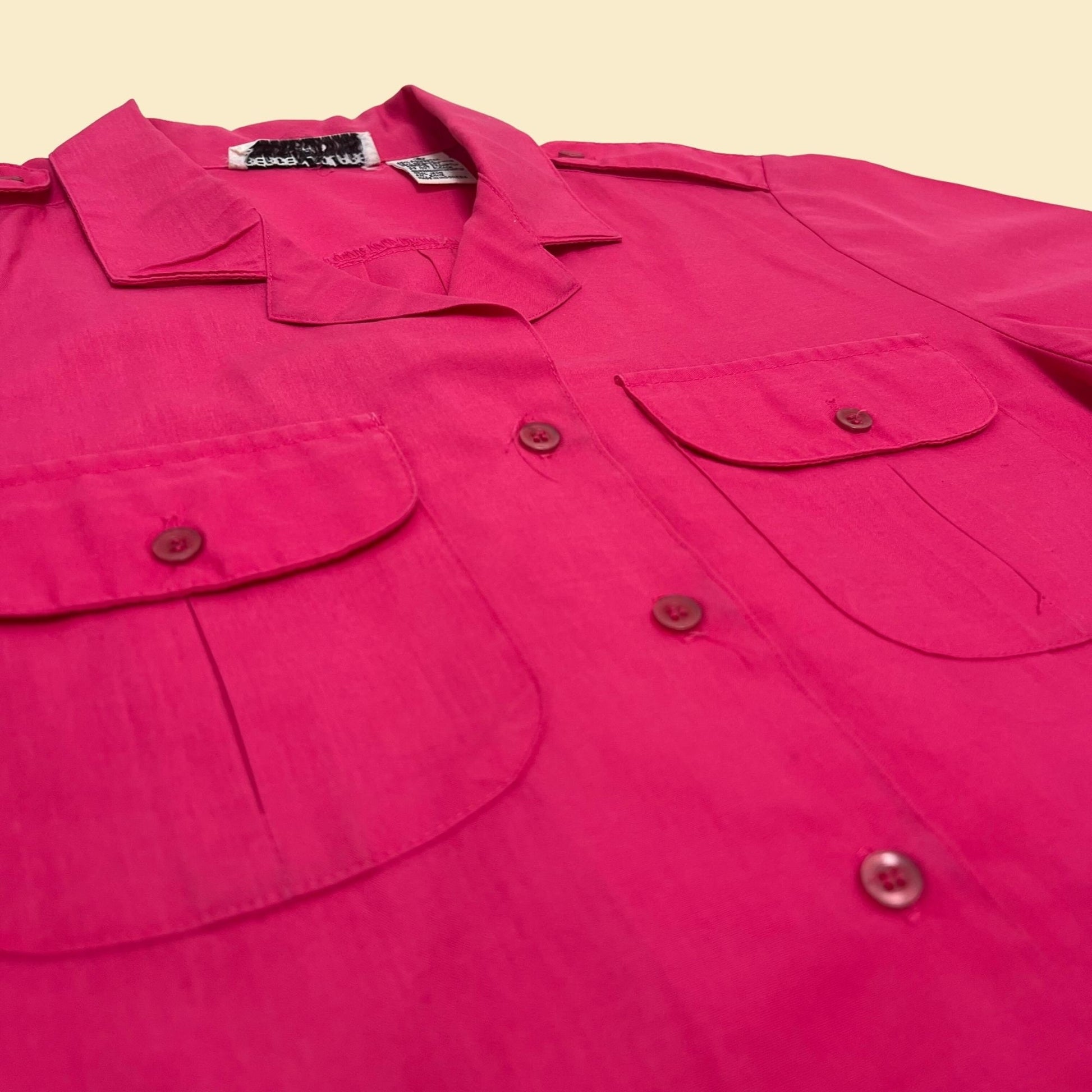 70s hot pink shirt, vintage women's button down blouse, 1970s small shirt by Bergen Square