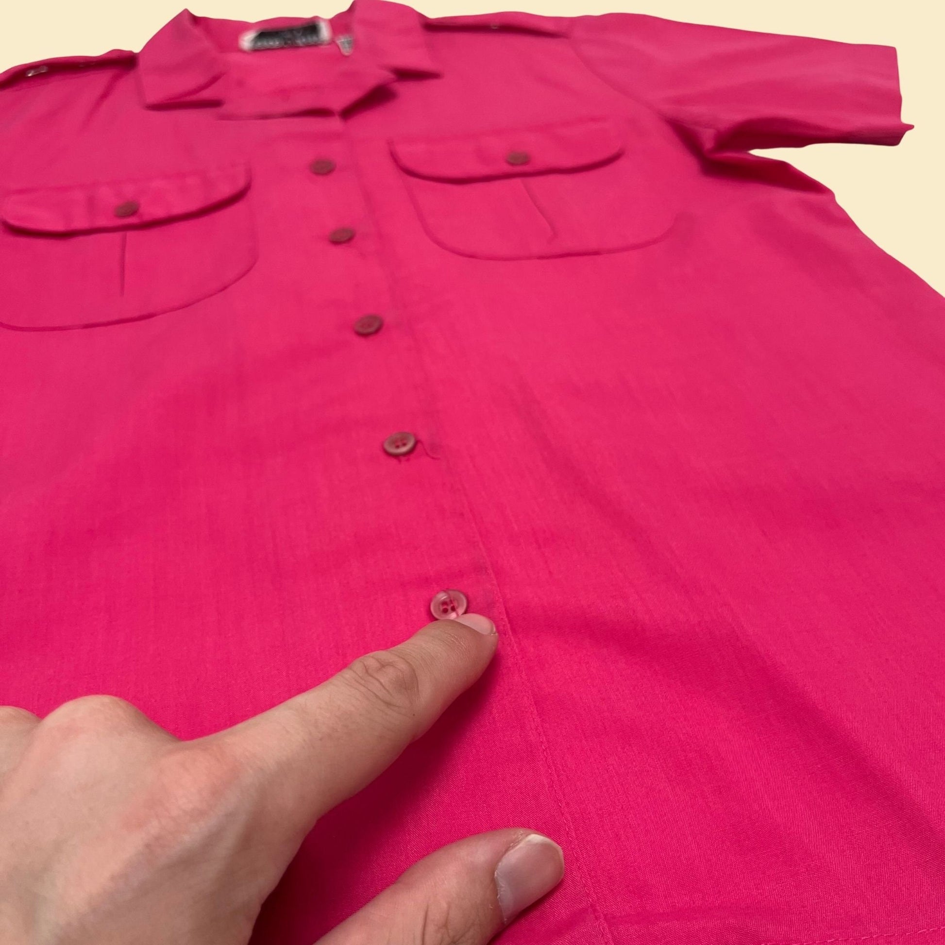 70s hot pink shirt, vintage women's button down blouse, 1970s small shirt by Bergen Square