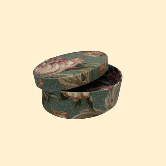 1960s floral fabric hat box, vintage dresser top storage box, flower patterned oval shaped box, 60s teal and pink floral container